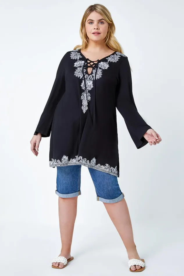 Women Black Curve Border Print VNeck Lace Up Tunic Top Roman Tops