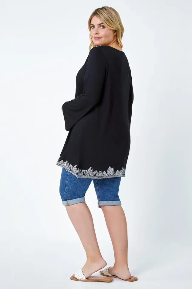 Women Black Curve Border Print VNeck Lace Up Tunic Top Roman Tops