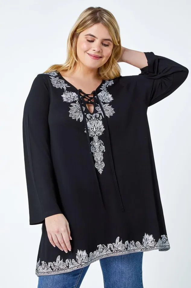 Women Black Curve Border Print VNeck Lace Up Tunic Top Roman Tops