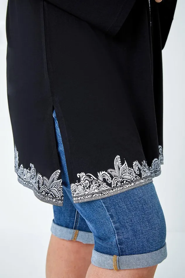 Women Black Curve Border Print VNeck Lace Up Tunic Top Roman Tops