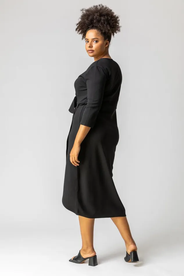 Women Black Curve Buckled Belt Ruched Wrap Dress Roman Dresses