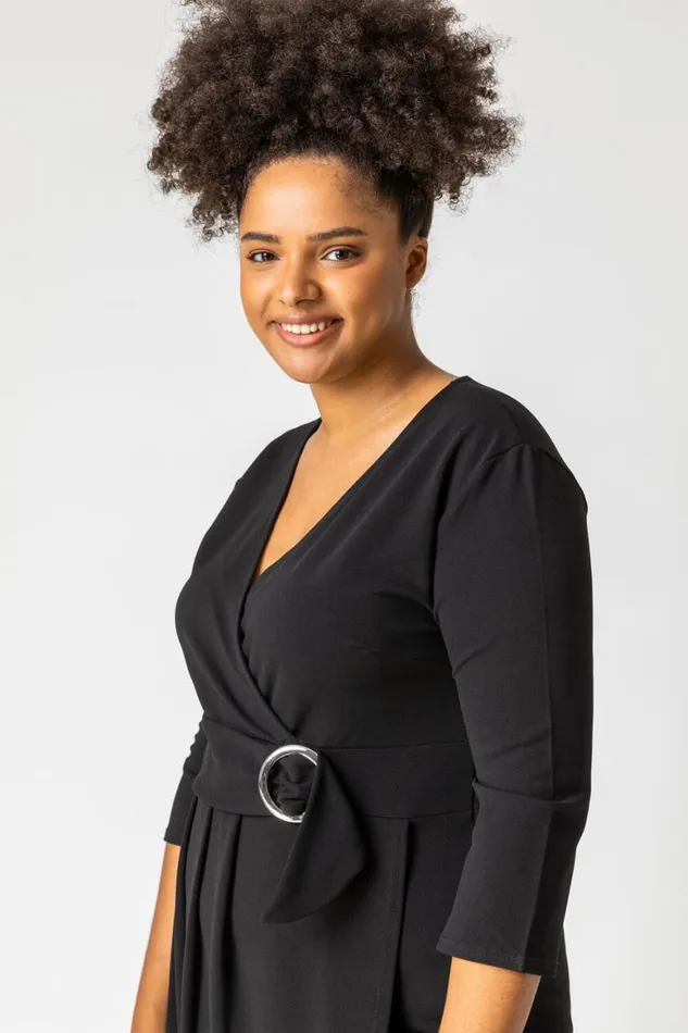 Women Black Curve Buckled Belt Ruched Wrap Dress Roman Dresses