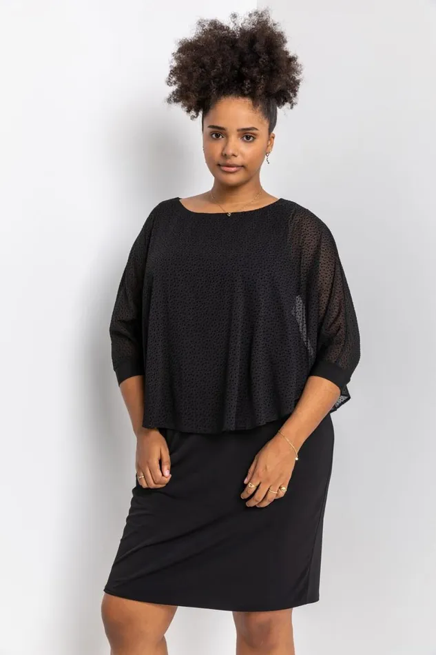 Women Black Curve Flock Spot Chiffon Overlay Dress Roman Dresses
