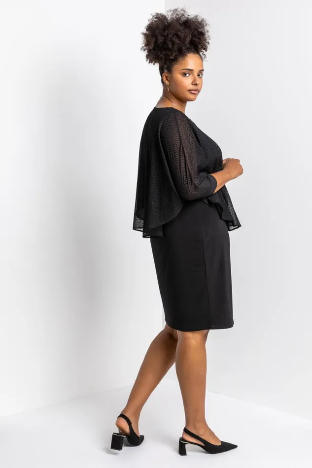 Women Black Curve Flock Spot Chiffon Overlay Dress Roman Dresses