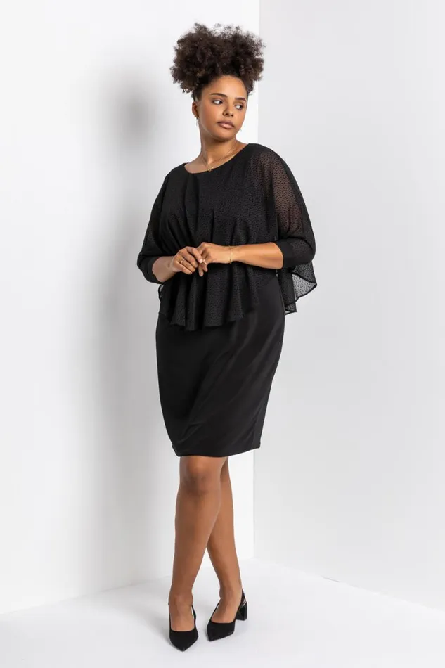 Women Black Curve Flock Spot Chiffon Overlay Dress Roman Dresses