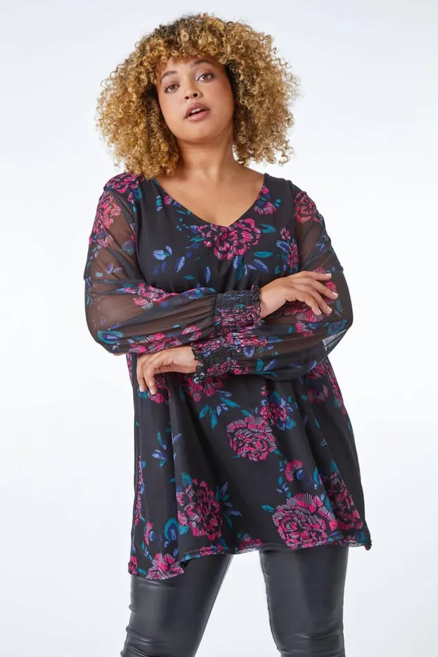 Women Black Curve Floral Mesh Sleeve Chiffon Tunic Top Roman Tops