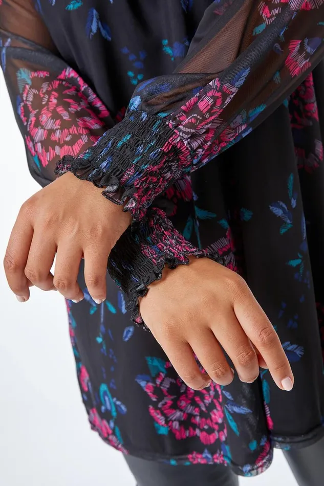 Women Black Curve Floral Mesh Sleeve Chiffon Tunic Top Roman Tops