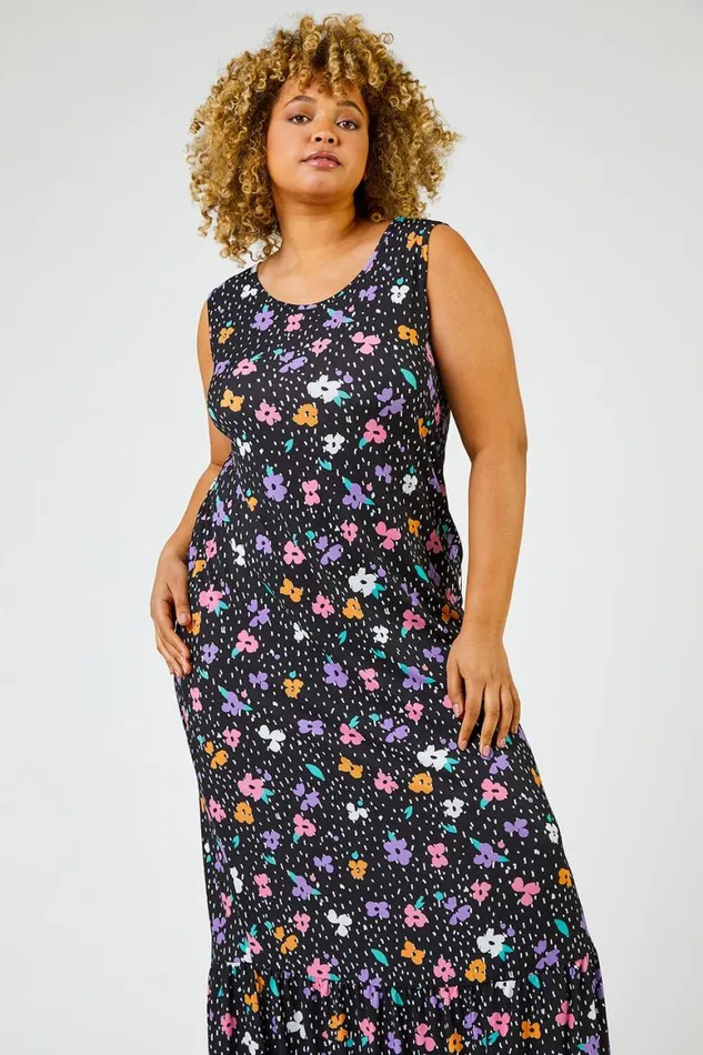 Women Black Curve Floral Spot Print Tiered Maxi Dress Roman Dresses