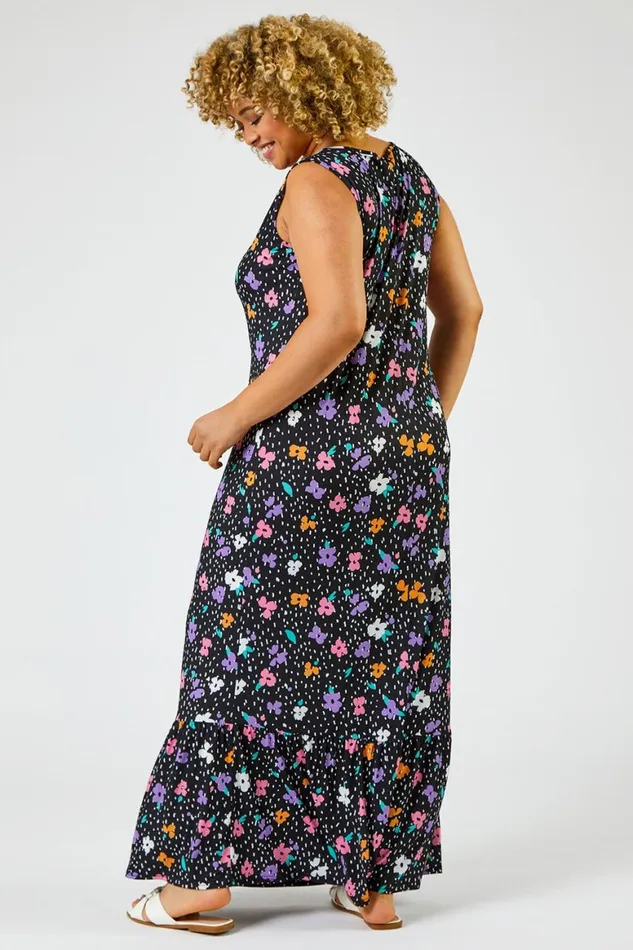 Women Black Curve Floral Spot Print Tiered Maxi Dress Roman Dresses