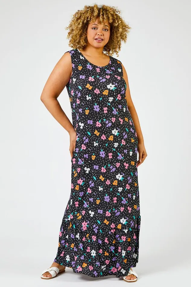 Women Black Curve Floral Spot Print Tiered Maxi Dress Roman Dresses