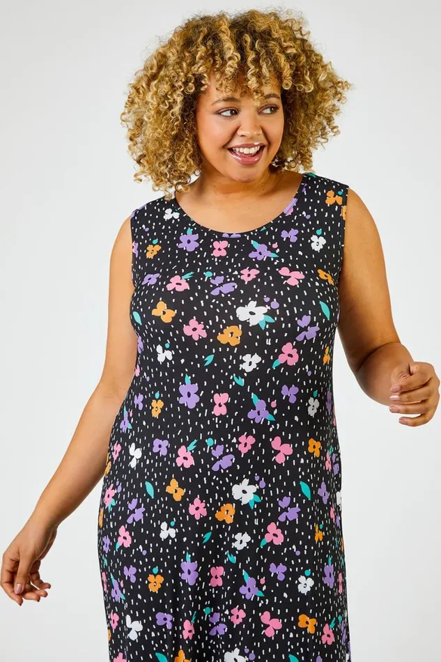Women Black Curve Floral Spot Print Tiered Maxi Dress Roman Dresses