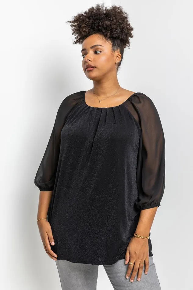 Women Black Curve Glitter Pleat Detail Tunic Top Roman Tops