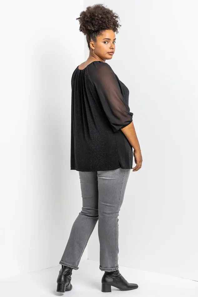 Women Black Curve Glitter Pleat Detail Tunic Top Roman Tops