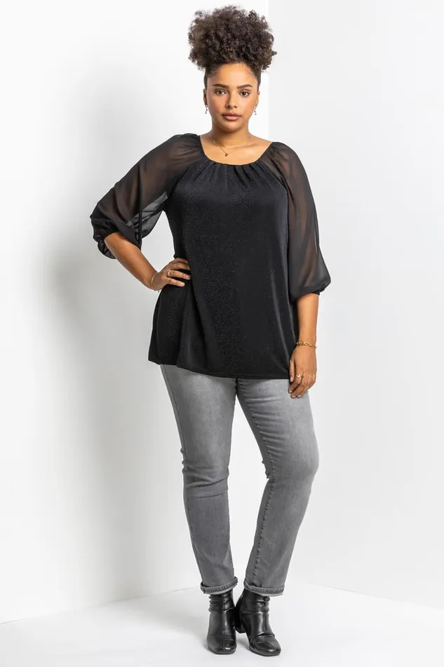 Women Black Curve Glitter Pleat Detail Tunic Top Roman Tops