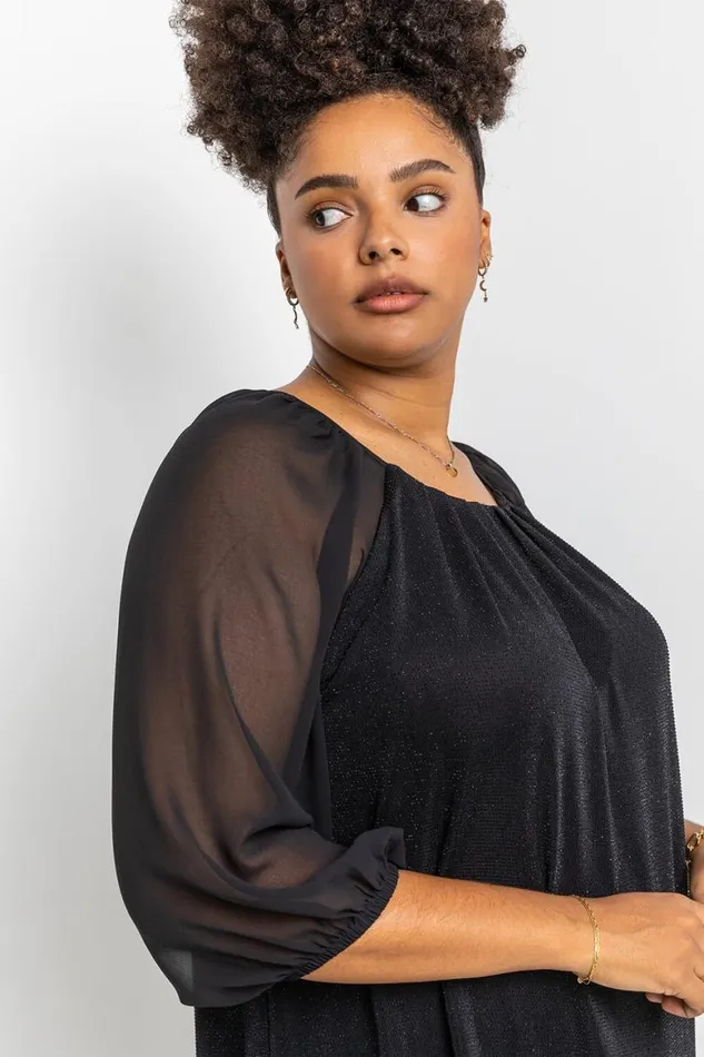 Women Black Curve Glitter Pleat Detail Tunic Top Roman Tops