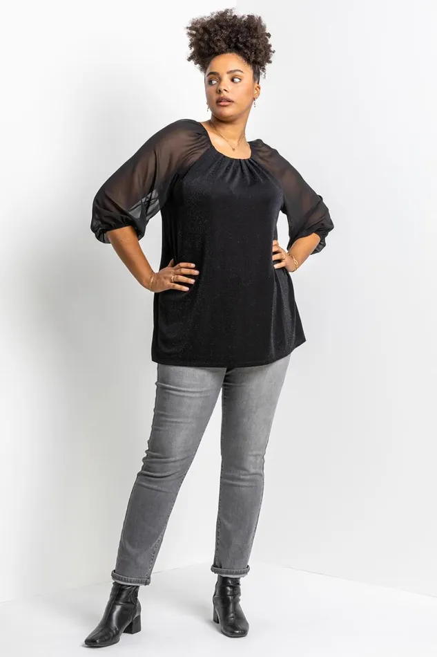 Women Black Curve Glitter Pleat Detail Tunic Top Roman Tops