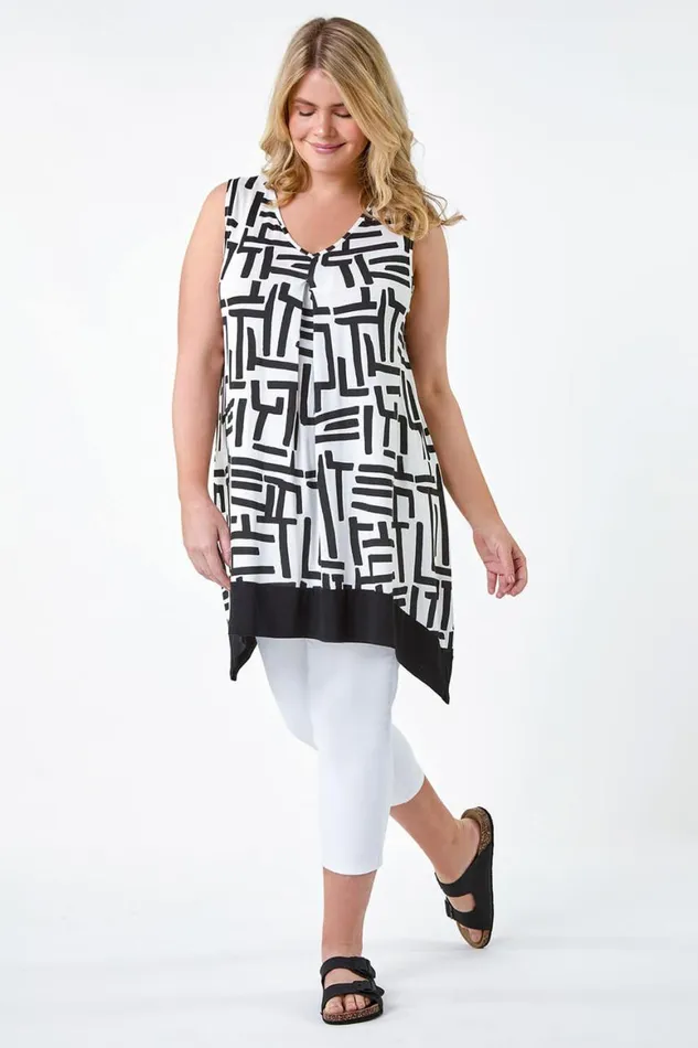 Women Black Curve Hanky Hem Stretch VNeck Tunic Top Roman Tops