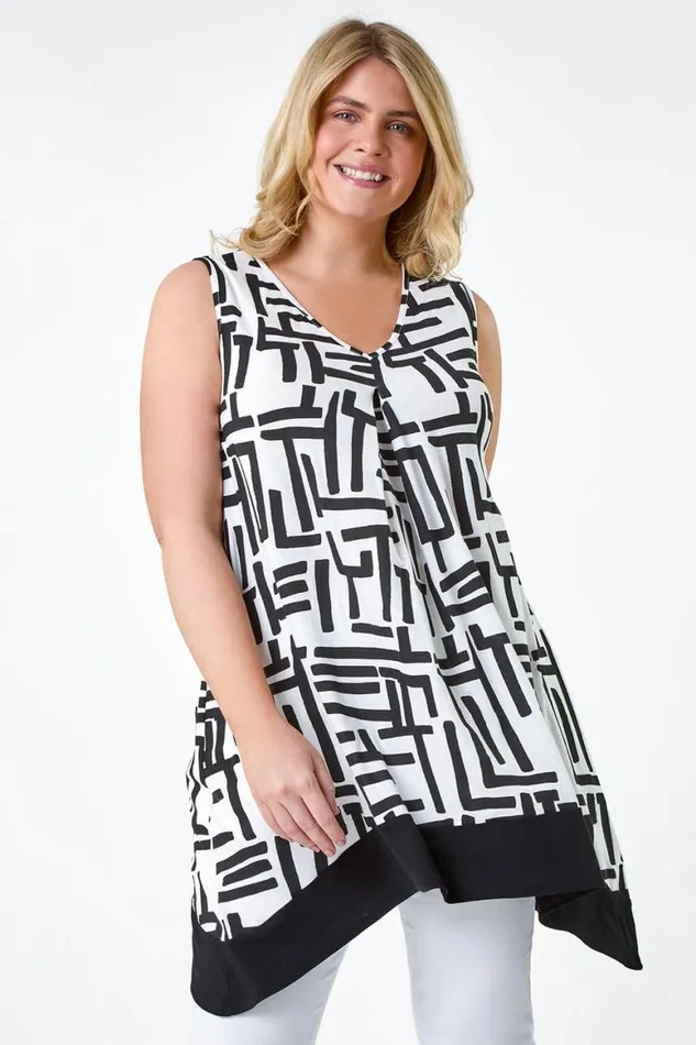 Women Black Curve Hanky Hem Stretch VNeck Tunic Top Roman Tops