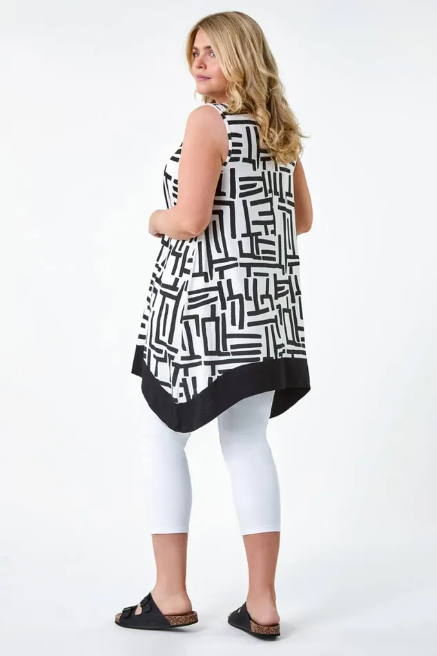 Women Black Curve Hanky Hem Stretch VNeck Tunic Top Roman Tops