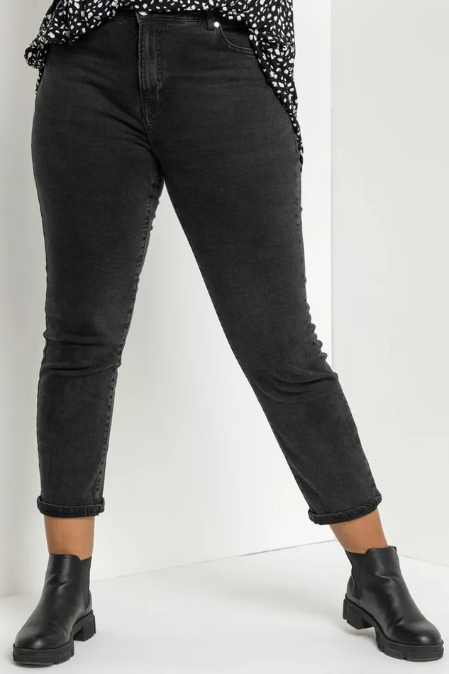Women Black Curve High Waisted Mom Jeans Roman Trousers
