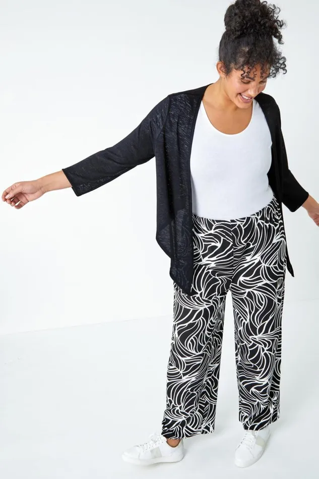 Women Black Curve Linear Elastic Waist Palazzo Trousers Roman Trousers