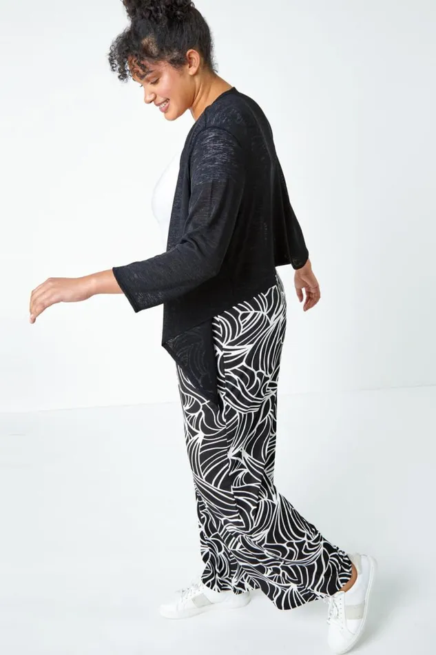 Women Black Curve Linear Elastic Waist Palazzo Trousers Roman Trousers