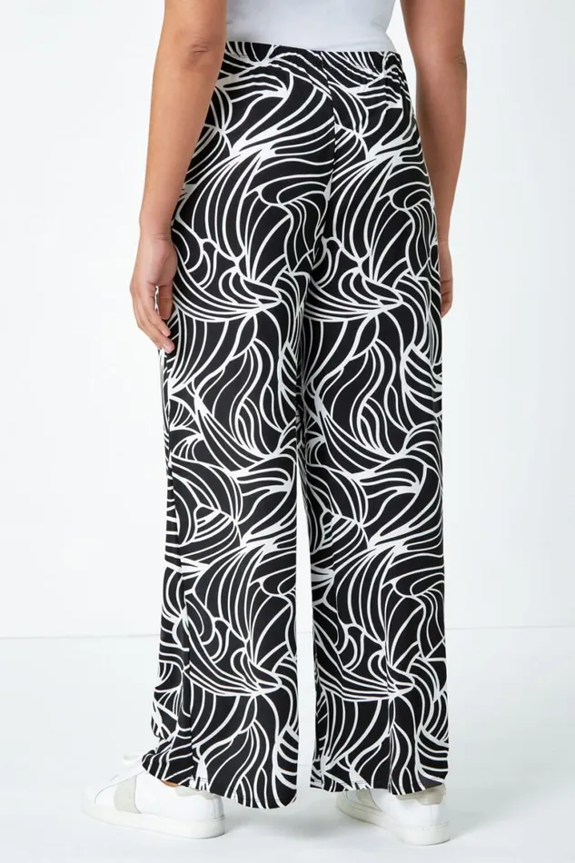 Women Black Curve Linear Elastic Waist Palazzo Trousers Roman Trousers