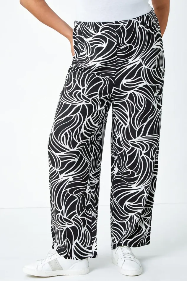 Women Black Curve Linear Elastic Waist Palazzo Trousers Roman Trousers
