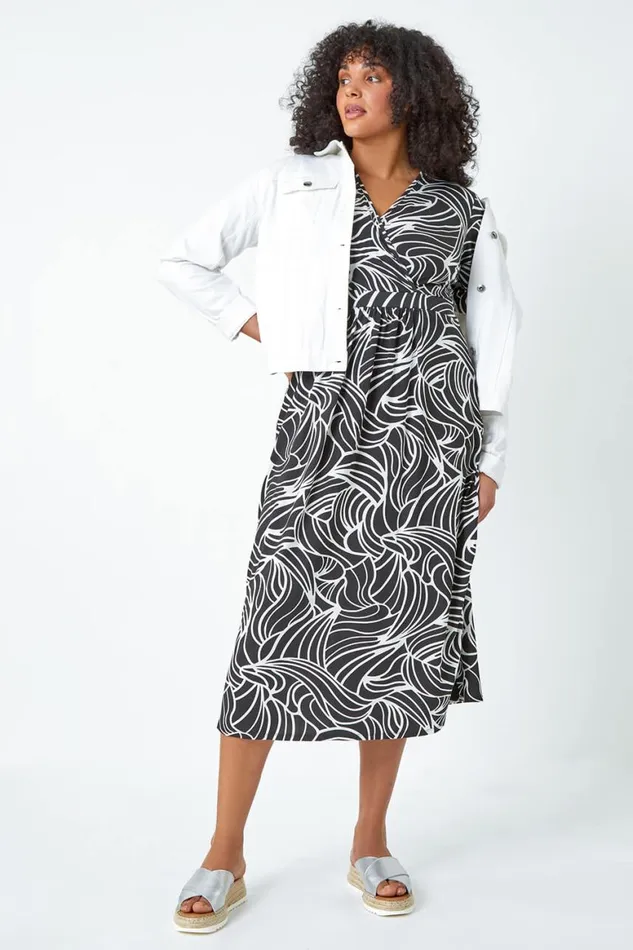 Women Black Curve Linear Print Midi Wrap Dress Roman Dresses