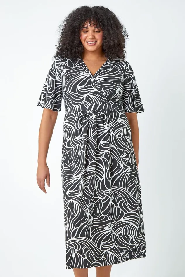 Women Black Curve Linear Print Midi Wrap Dress Roman Dresses