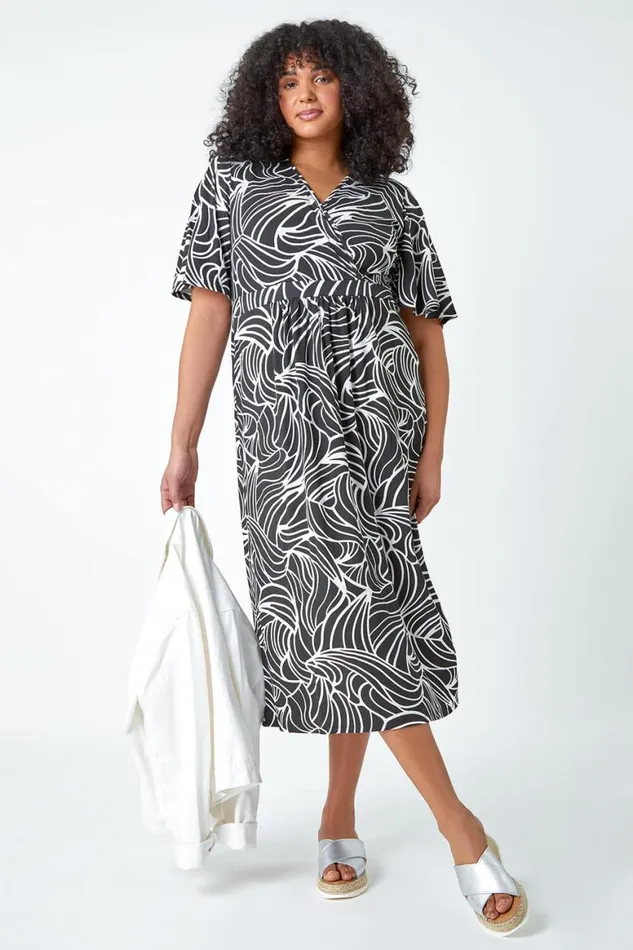 Women Black Curve Linear Print Midi Wrap Dress Roman Dresses