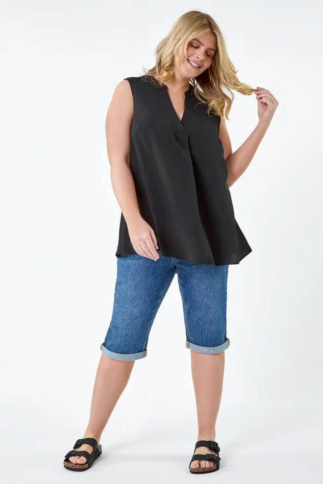 Women Black Curve Linen Look VNeck Vest Top Roman Tops