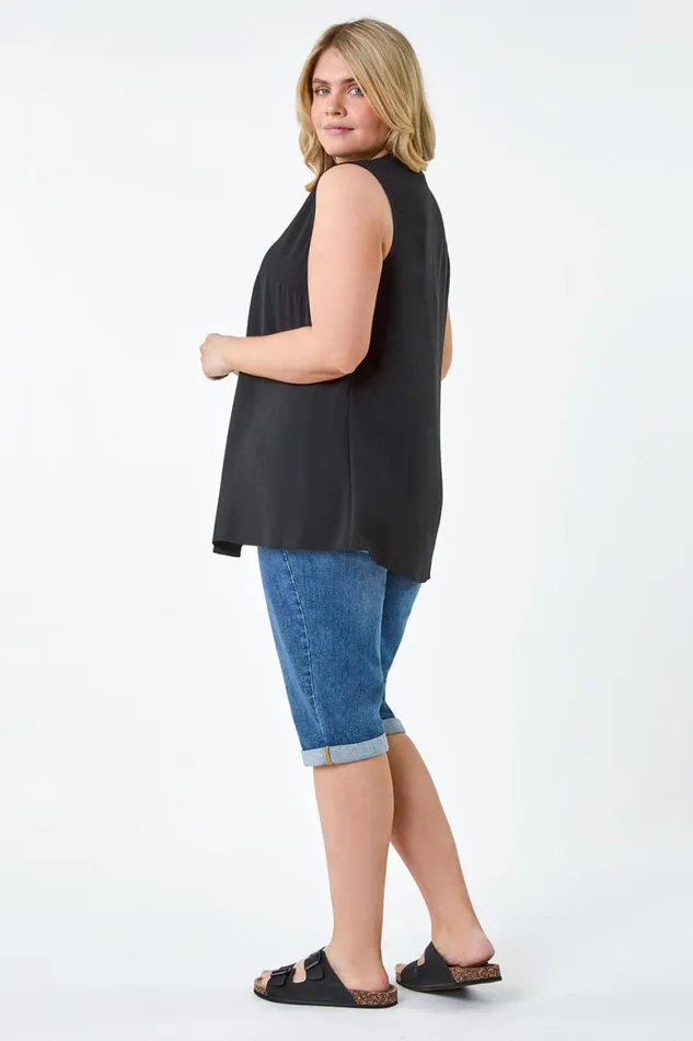 Women Black Curve Linen Look VNeck Vest Top Roman Tops