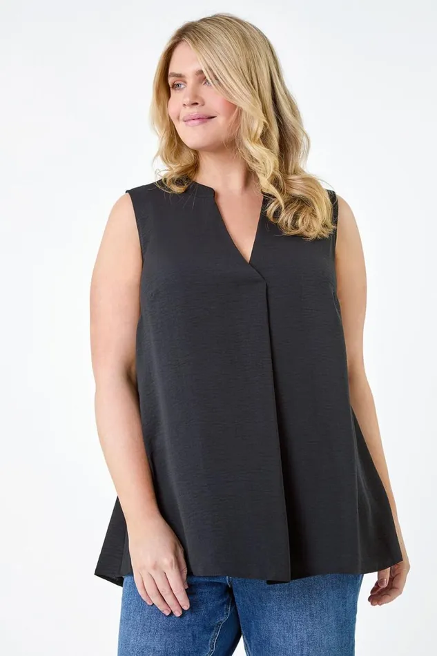 Women Black Curve Linen Look VNeck Vest Top Roman Tops