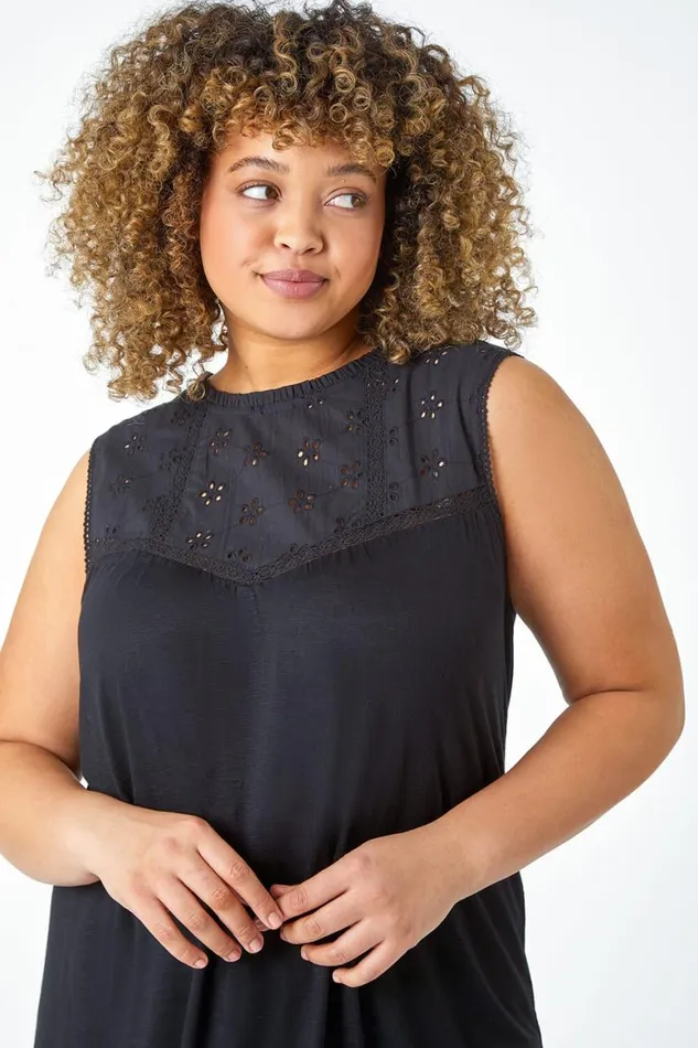 Women Black Curve Sleeveless Longline Broderie Top Roman Tops