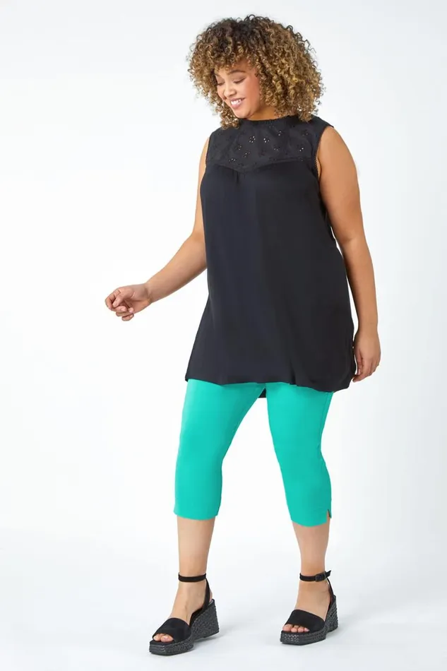 Women Black Curve Sleeveless Longline Broderie Top Roman Tops
