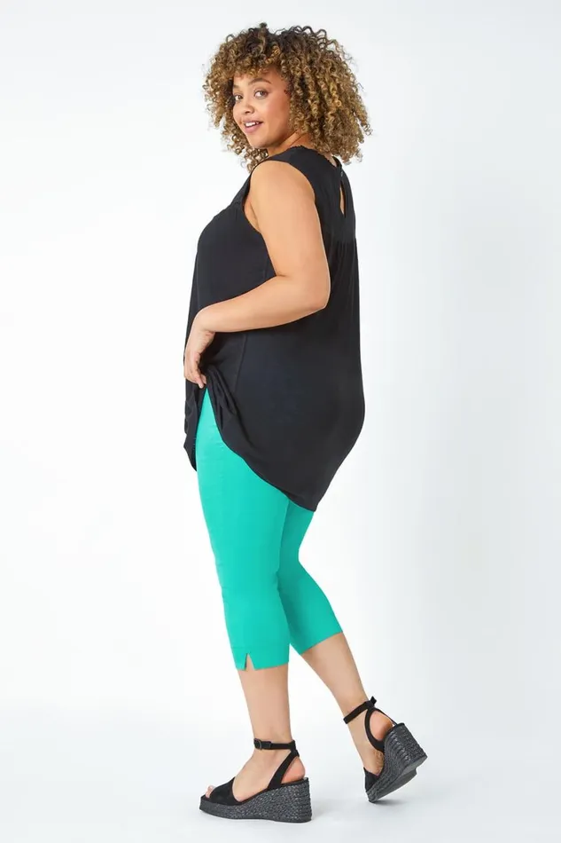 Women Black Curve Sleeveless Longline Broderie Top Roman Tops