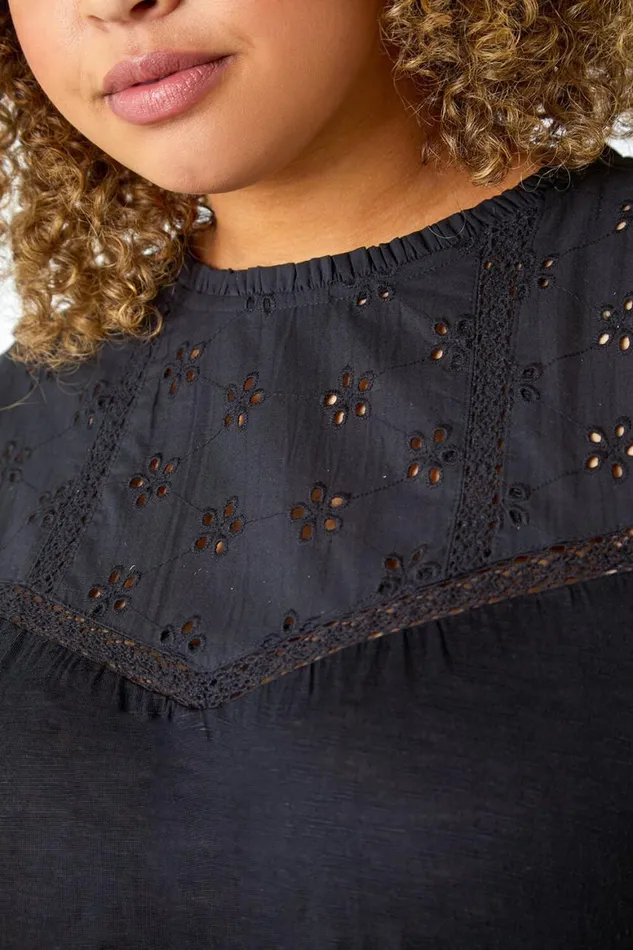 Women Black Curve Sleeveless Longline Broderie Top Roman Tops