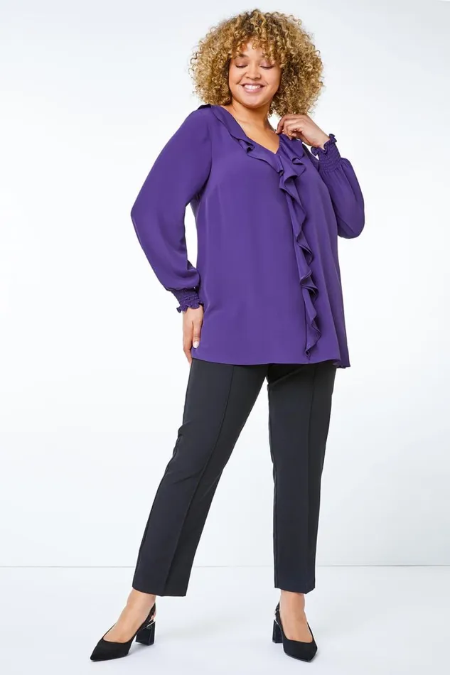 Women Black Curve Stitch Detail Stretch Trouser Roman Trousers