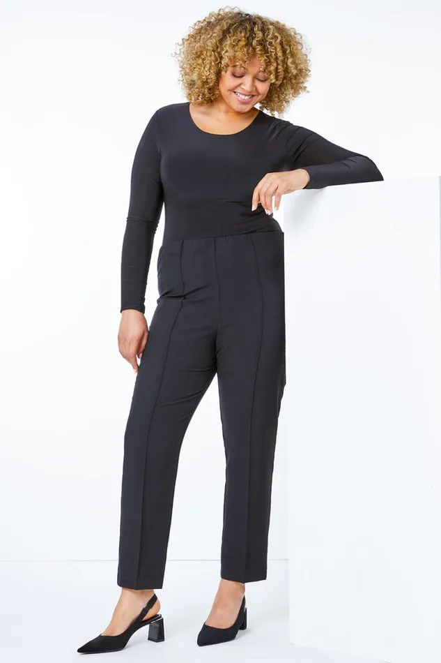 Women Black Curve Stitch Detail Stretch Trouser Roman Trousers