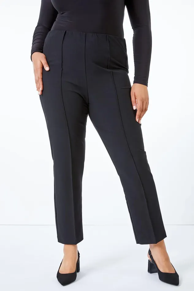 Women Black Curve Stitch Detail Stretch Trouser Roman Trousers