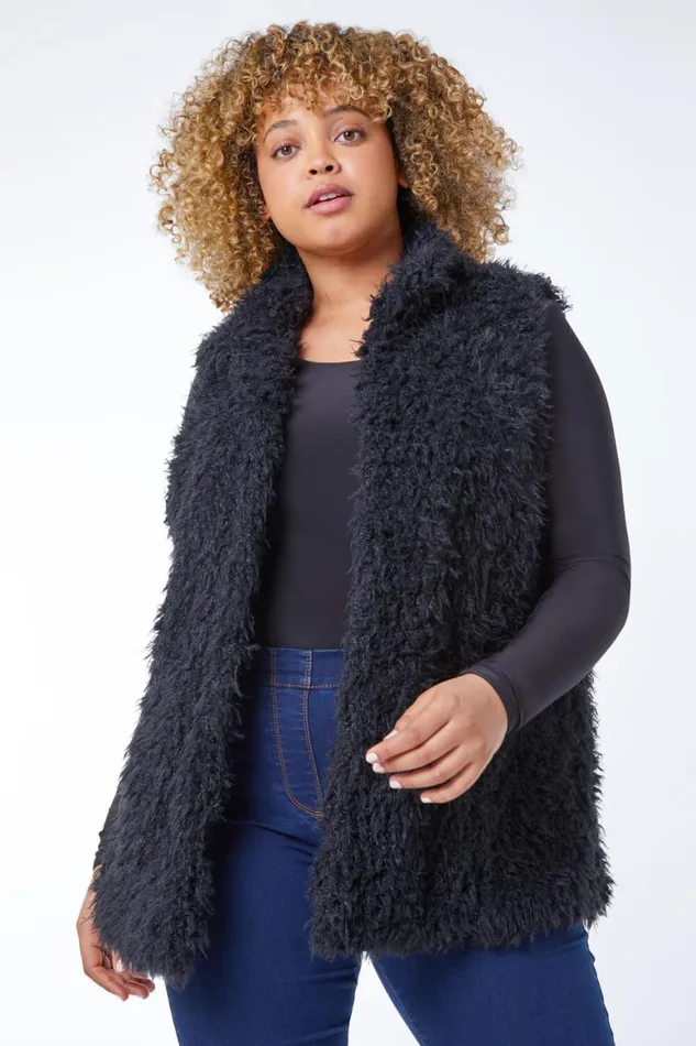 Women Black Curve Textured Faux Fur Gilet Roman Jackets
