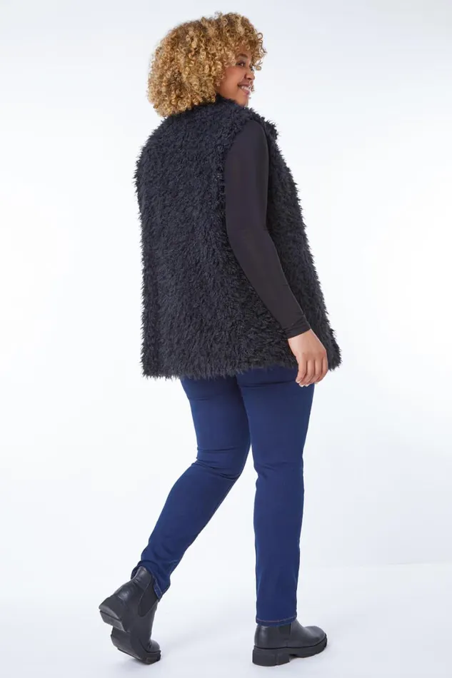 Women Black Curve Textured Faux Fur Gilet Roman Jackets
