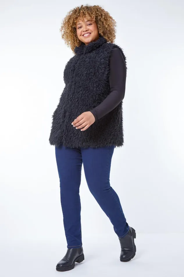 Women Black Curve Textured Faux Fur Gilet Roman Jackets