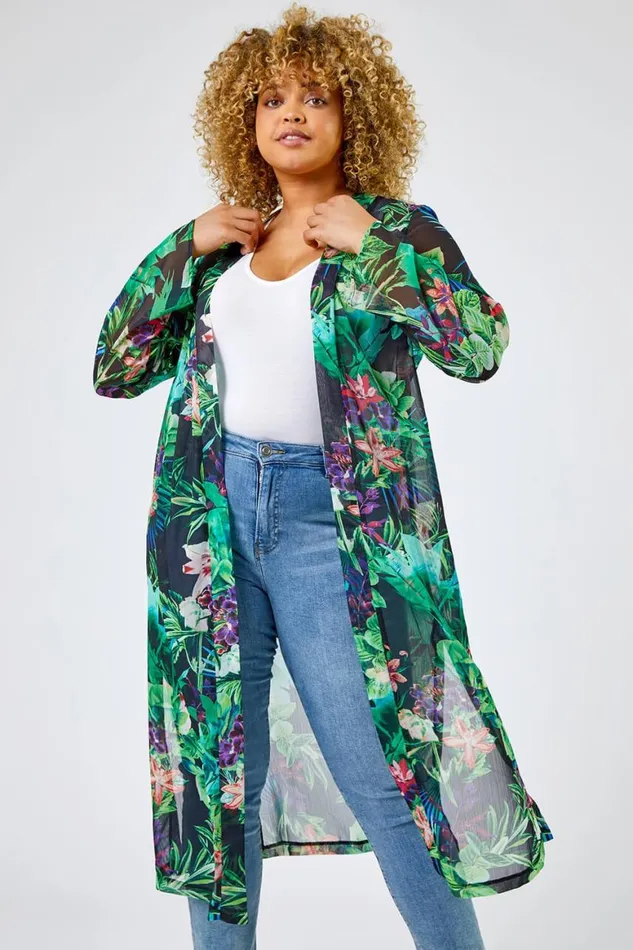 Women Black Curve Tropical Print Longline Kimono Roman Jackets