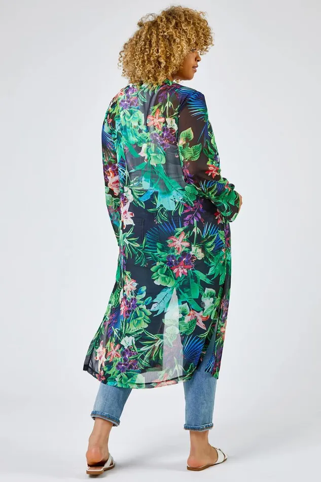 Women Black Curve Tropical Print Longline Kimono Roman Jackets