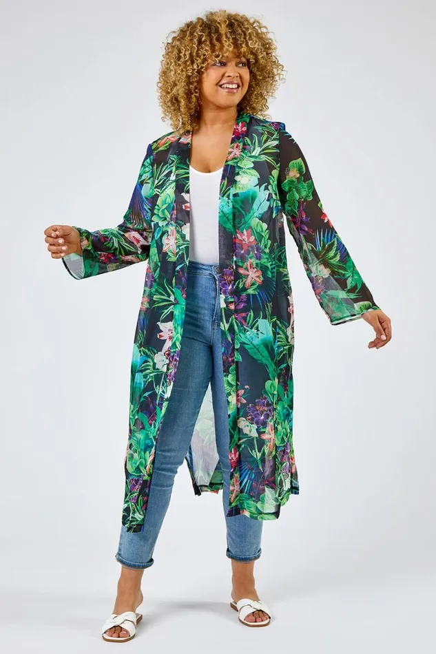 Women Black Curve Tropical Print Longline Kimono Roman Jackets
