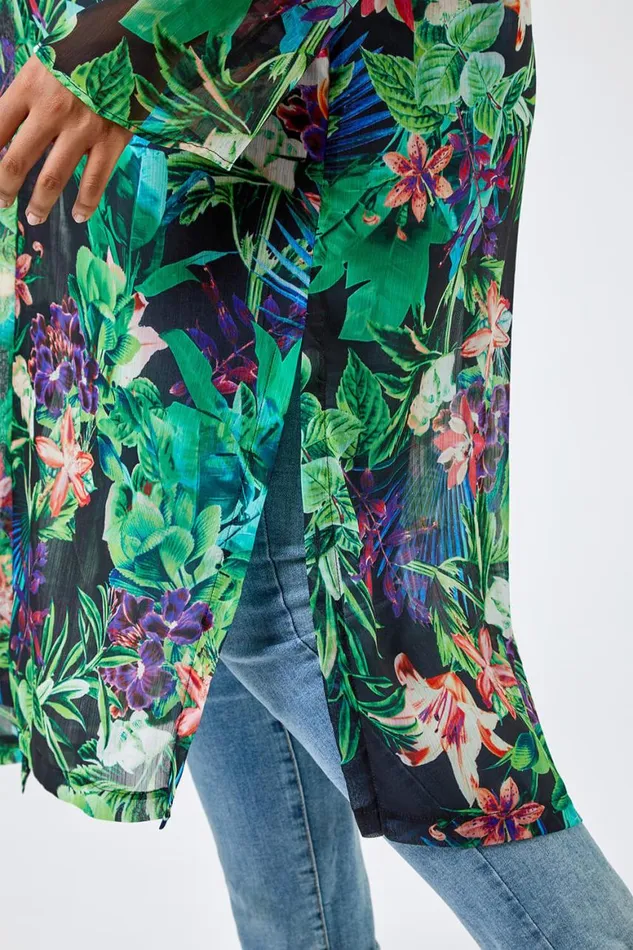 Women Black Curve Tropical Print Longline Kimono Roman Jackets