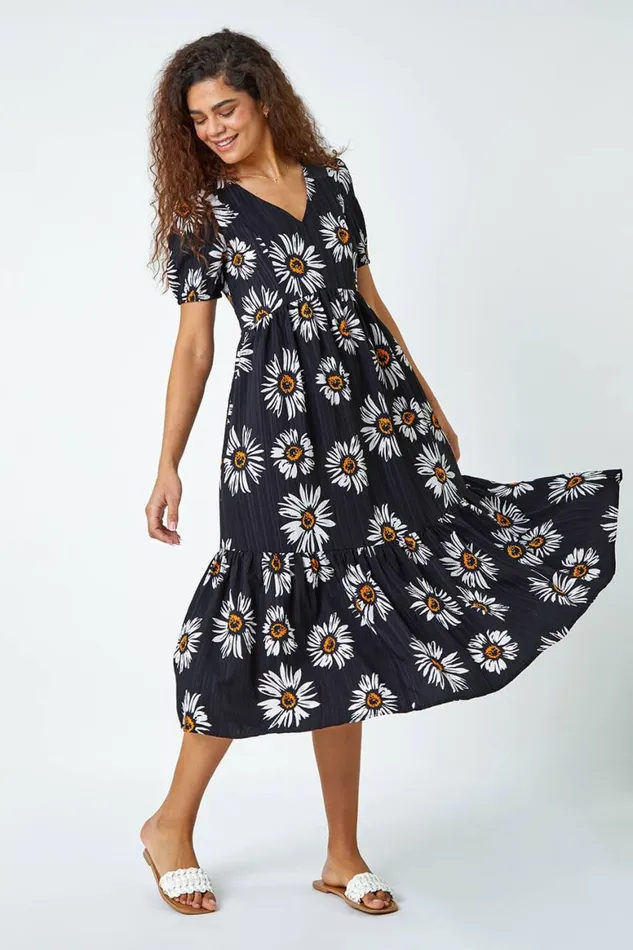 Women Black Daisy Frill Hem Midi Dress Roman Dresses