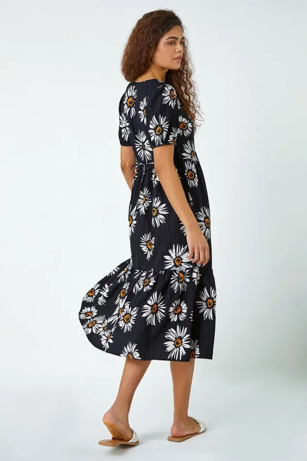 Women Black Daisy Frill Hem Midi Dress Roman Dresses